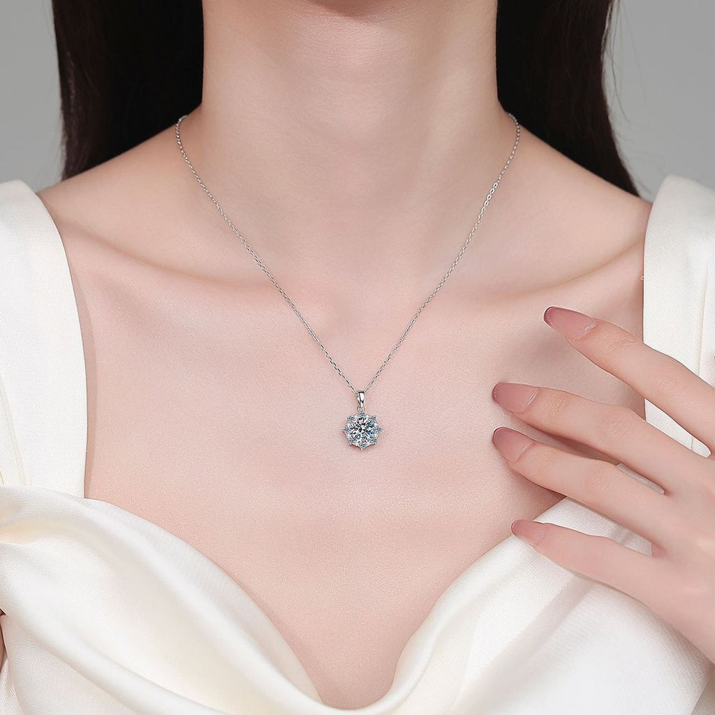 Sunburst Round Moissanite Pendant Necklace with CZ in Rhodium-Plated S925 sterling silver neckline model view showing pendant scale and adjustable chain