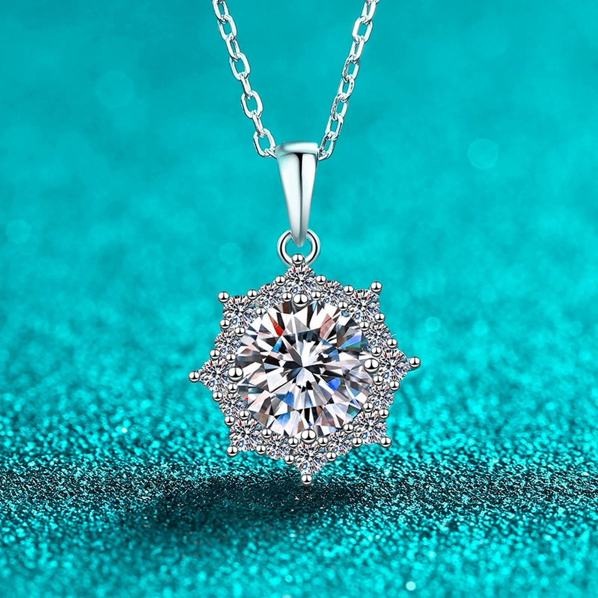 Sunburst Round Moissanite Pendant Necklace with CZ in Rhodium-Plated S925 sterling silver close-up product scene showing pendant setting
