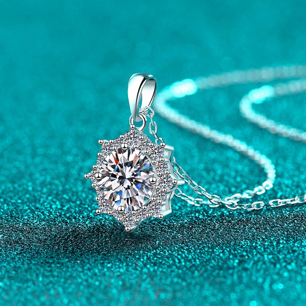 Sunburst Round Moissanite Pendant Necklace with CZ in Rhodium-Plated S925 sterling silver angled product detail view