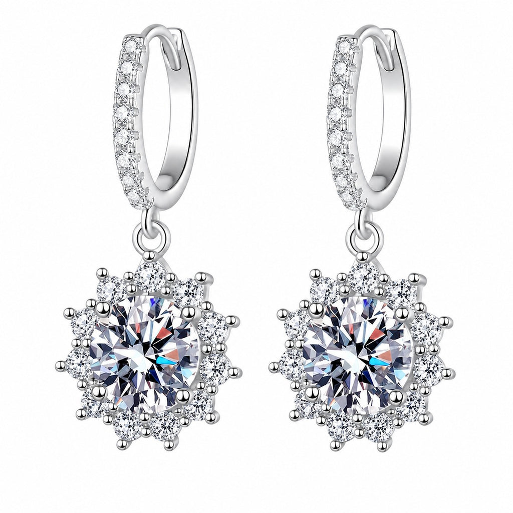 Round Halo Moissanite Hoop Dangle Earrings with CZ in Rhodium-Plated S925 sterling silver white background product photo showing the pair, stone shape, and hoop dangle earrings silhouette