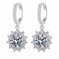 Round Halo Moissanite Hoop Dangle Earrings with CZ in Rhodium-Plated S925 sterling silver white background product photo showing the pair, stone shape, and hoop dangle earrings silhouette