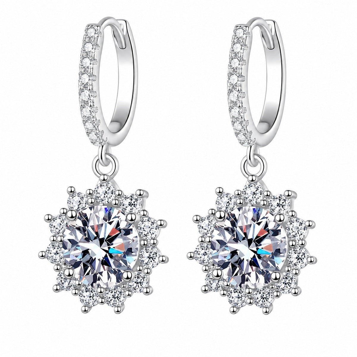 Round Halo Moissanite Hoop Dangle Earrings with CZ in Rhodium-Plated S925 sterling silver white background product photo showing the pair, stone shape, and hoop dangle earrings silhouette