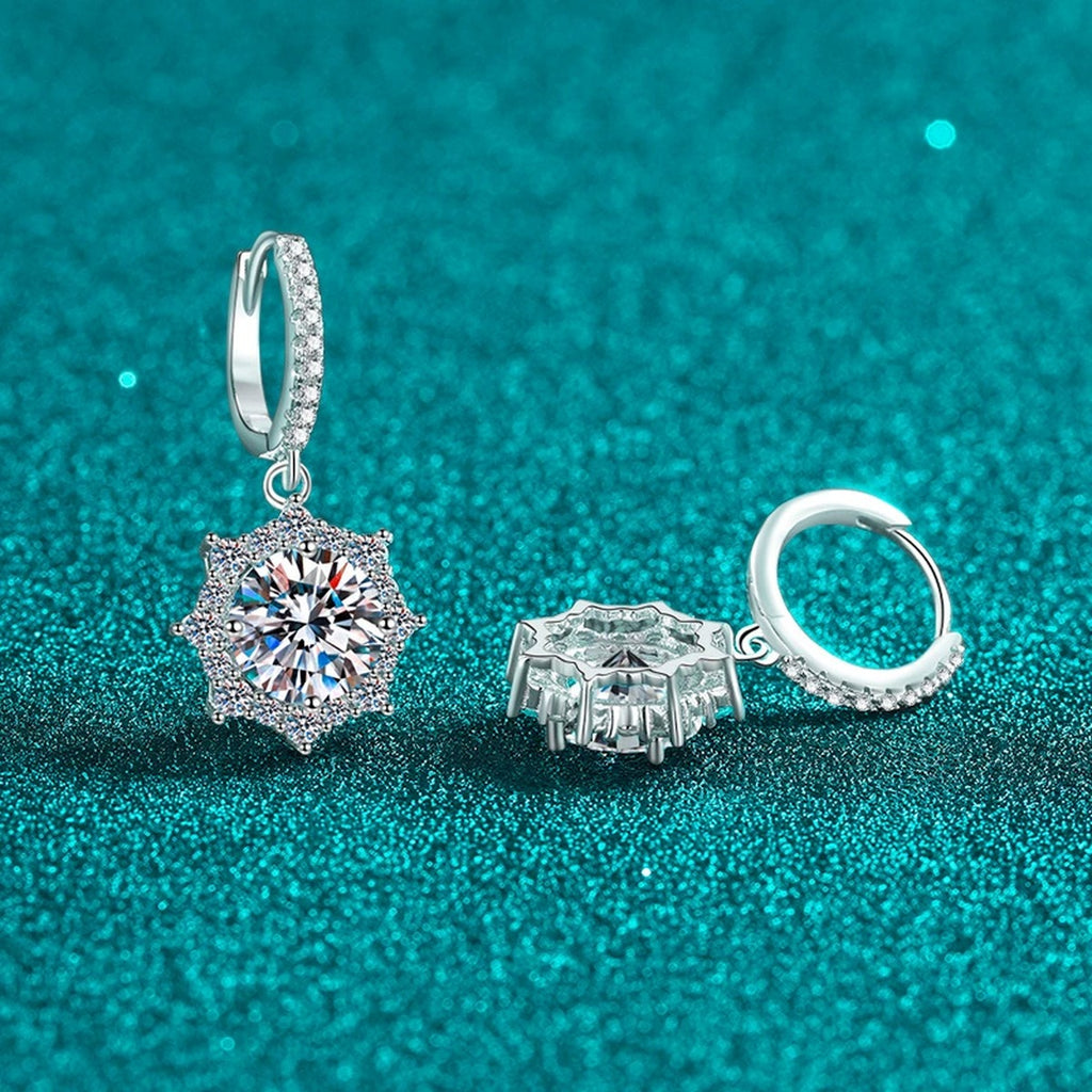 Round Halo Moissanite Hoop Dangle Earrings with CZ in Rhodium-Plated S925 sterling silver product scene view showing front sparkle