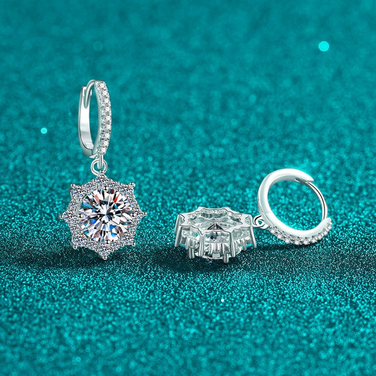 Round Halo Moissanite Hoop Dangle Earrings with CZ in Rhodium-Plated S925 sterling silver product scene view showing front sparkle