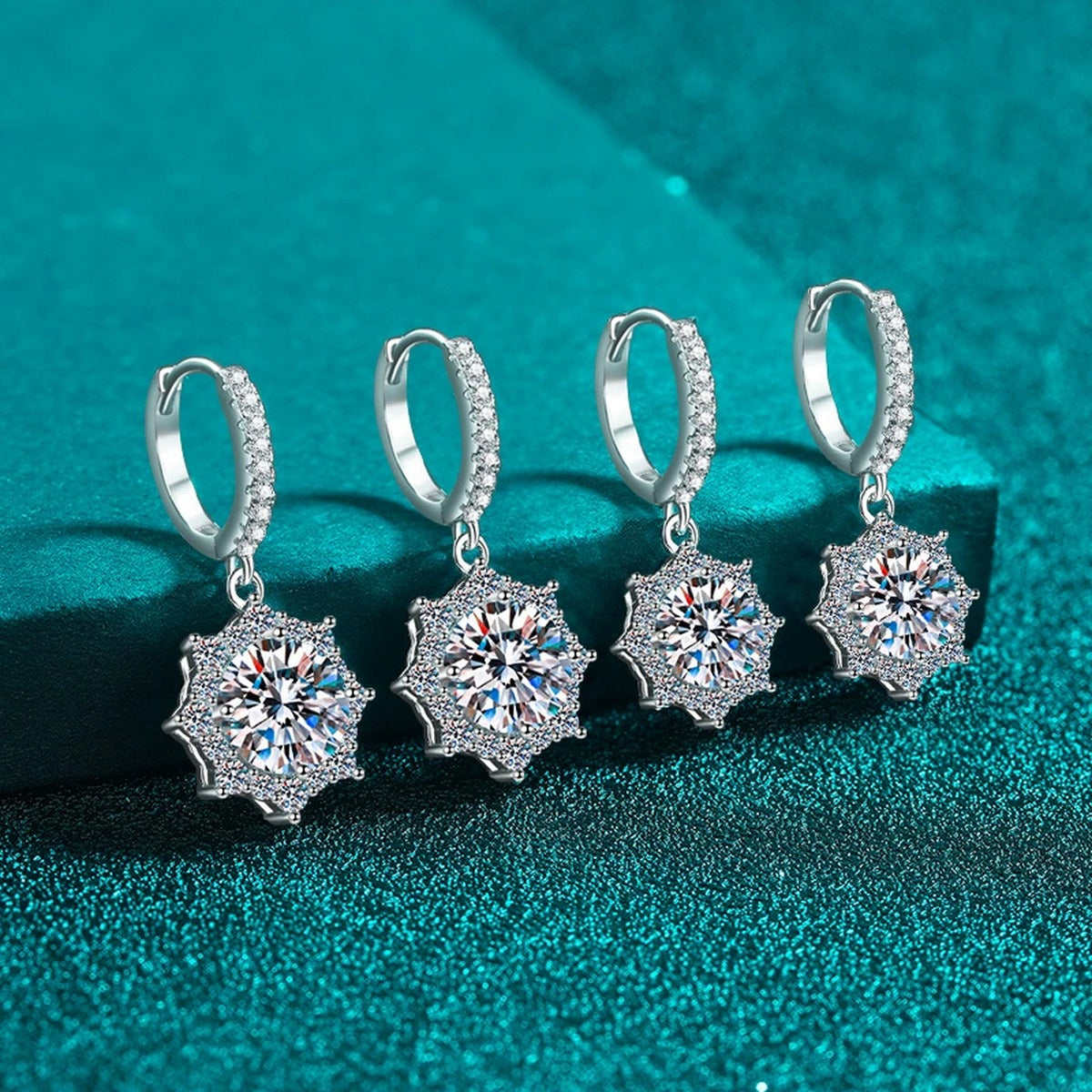 Round Halo Moissanite Hoop Dangle Earrings with CZ in Rhodium-Plated S925 sterling silver product scene view showing angled setting detail
