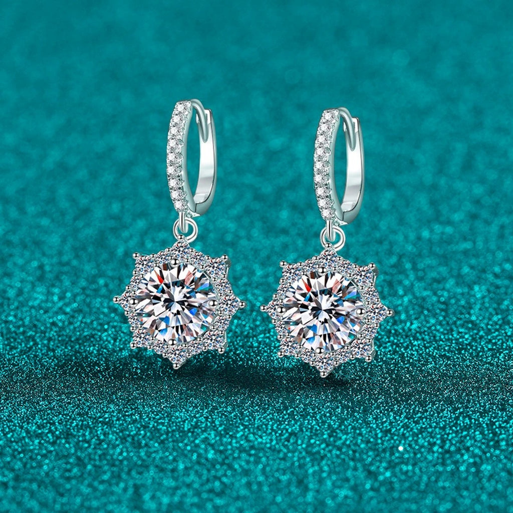 Round Halo Moissanite Hoop Dangle Earrings with CZ in Rhodium-Plated S925 sterling silver product scene view showing side profile