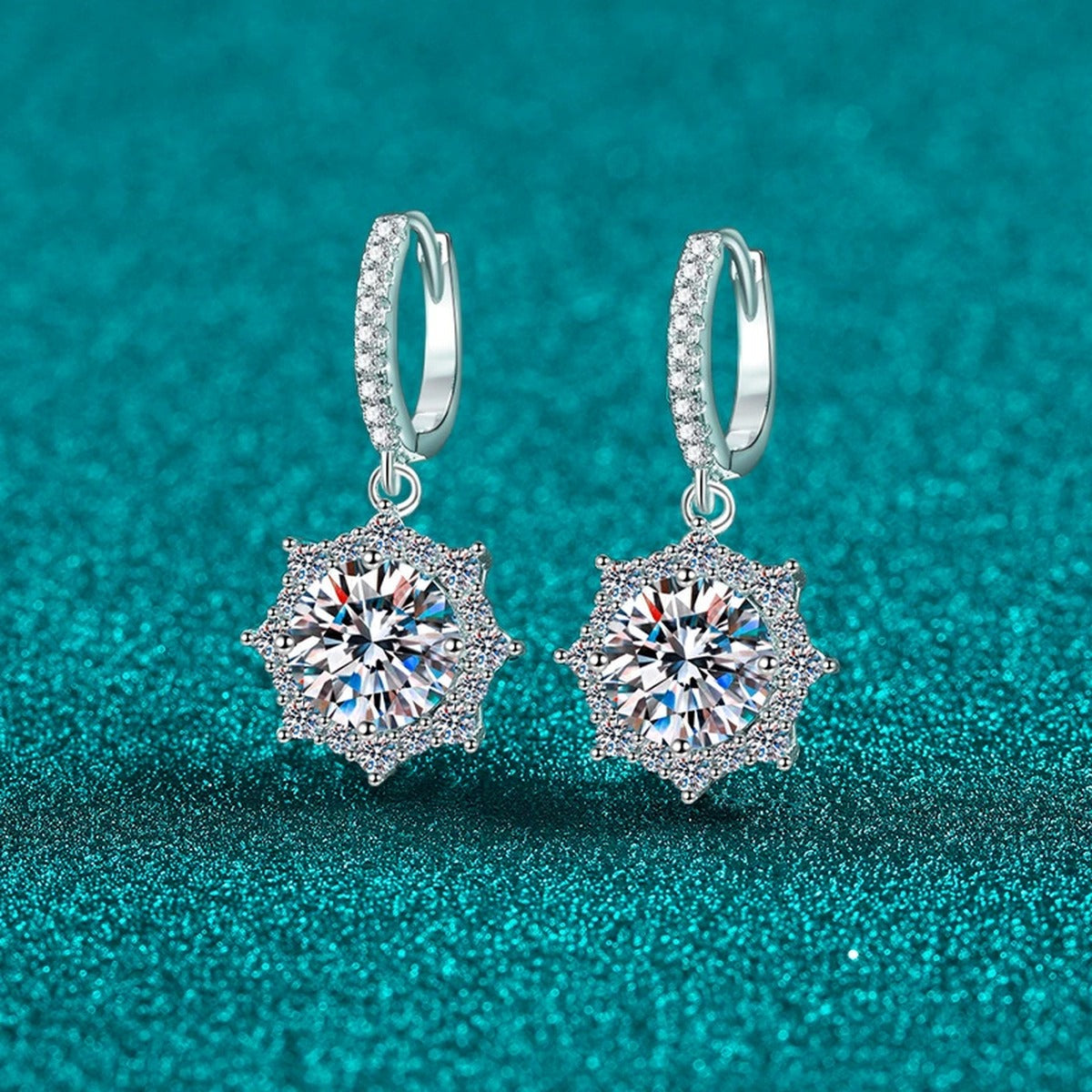 Round Halo Moissanite Hoop Dangle Earrings with CZ in Rhodium-Plated S925 sterling silver product scene view showing side profile