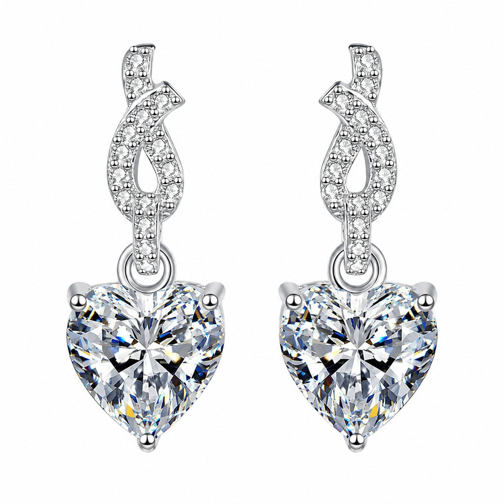 Heart Moissanite Stud Dangle Earrings with CZ in Rhodium-Plated S925 sterling silver white background product photo showing the pair, stone shape, and stud dangle earrings silhouette