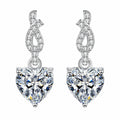 Heart Moissanite Stud Dangle Earrings with CZ in Rhodium-Plated S925 sterling silver white background product photo showing the pair, stone shape, and stud dangle earrings silhouette