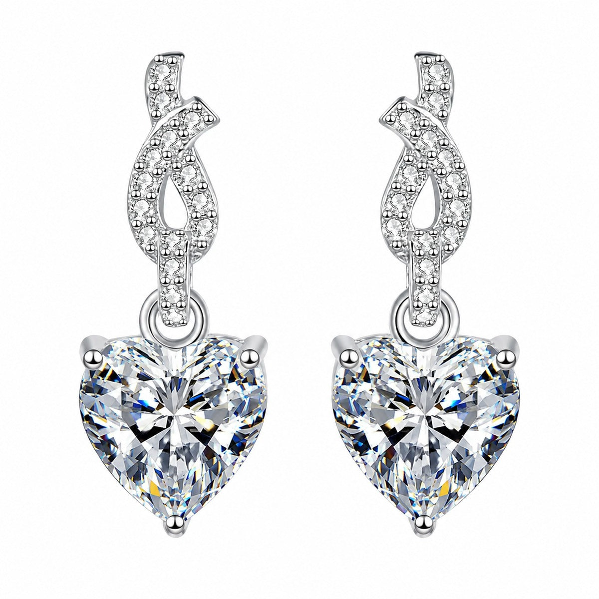 Heart Moissanite Stud Dangle Earrings with CZ in Rhodium-Plated S925 sterling silver white background product photo showing the pair, stone shape, and stud dangle earrings silhouette