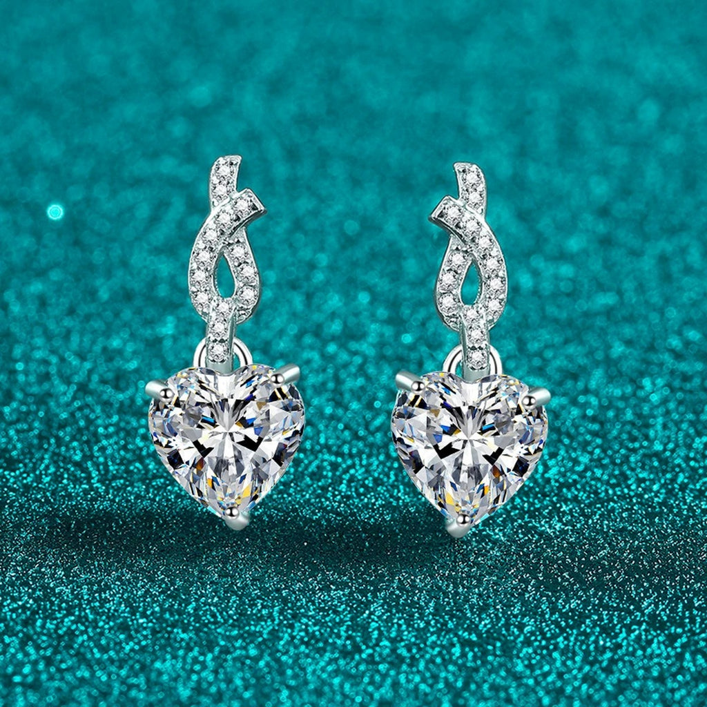 Heart Moissanite Stud Dangle Earrings with CZ in Rhodium-Plated S925 sterling silver product scene view showing front sparkle