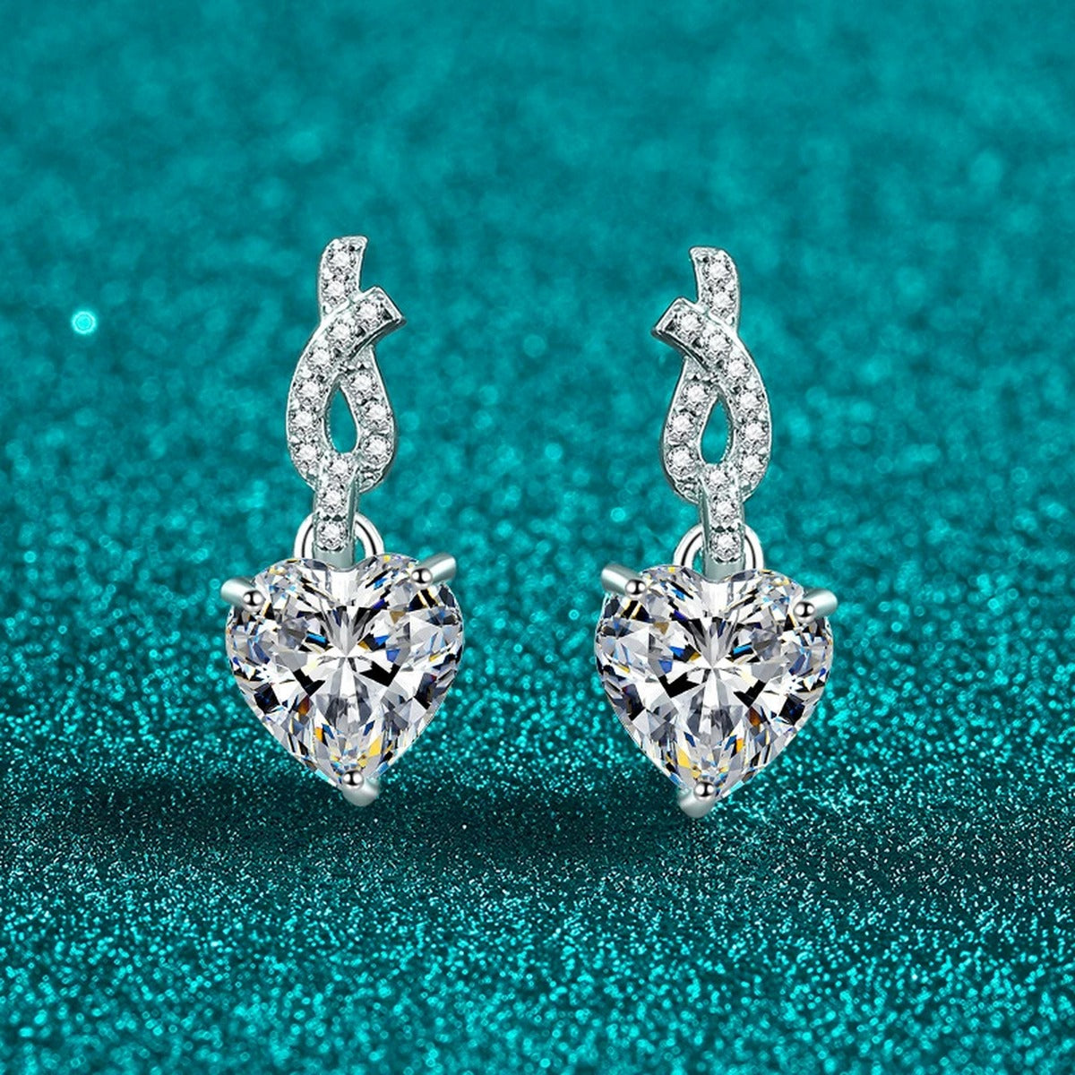Heart Moissanite Stud Dangle Earrings with CZ in Rhodium-Plated S925 sterling silver product scene view showing front sparkle