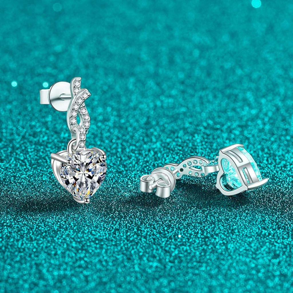 Heart Moissanite Stud Dangle Earrings with CZ in Rhodium-Plated S925 sterling silver product scene view showing side profile