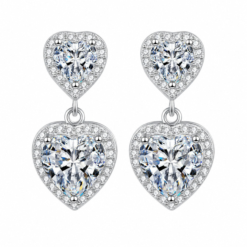 Double Heart Moissanite Stud Dangle Earrings with CZ in Rhodium-Plated S925 sterling silver white background product photo showing the pair, stone shape, and stud dangle earrings silhouette