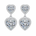 Double Heart Moissanite Stud Dangle Earrings with CZ in Rhodium-Plated S925 sterling silver white background product photo showing the pair, stone shape, and stud dangle earrings silhouette