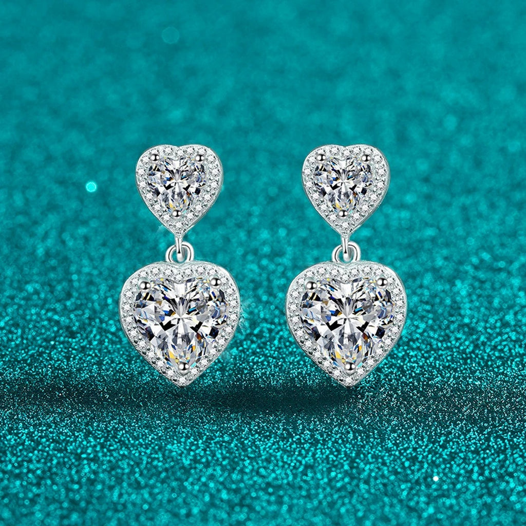 Double Heart Moissanite Stud Dangle Earrings with CZ in Rhodium-Plated S925 sterling silver product scene view showing front sparkle