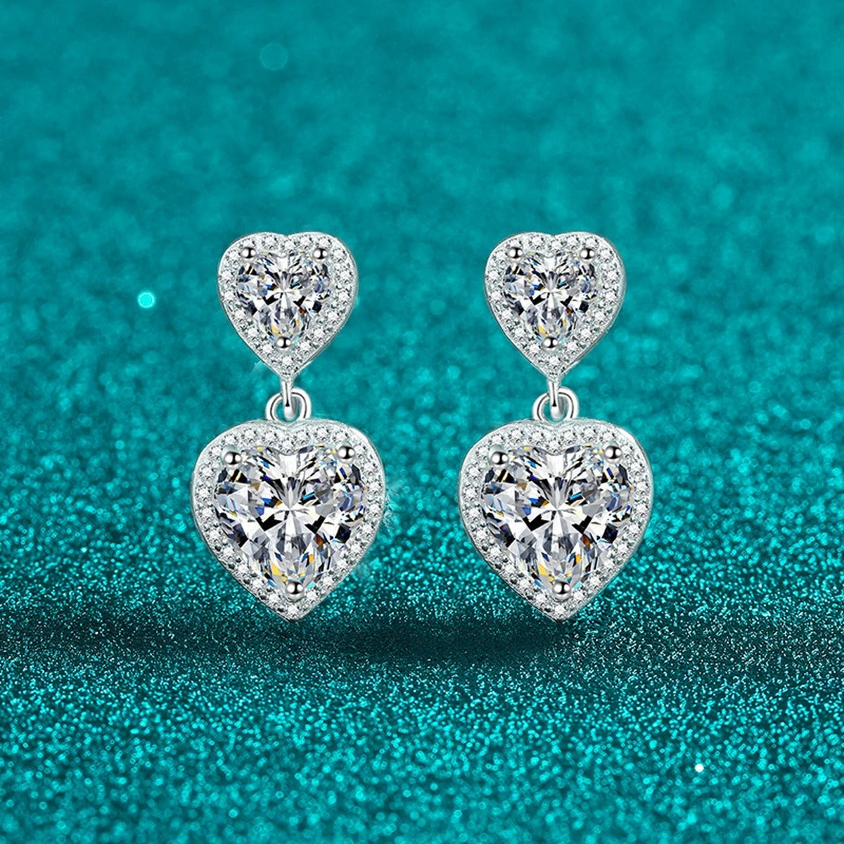 Double Heart Moissanite Stud Dangle Earrings with CZ in Rhodium-Plated S925 sterling silver product scene view showing front sparkle