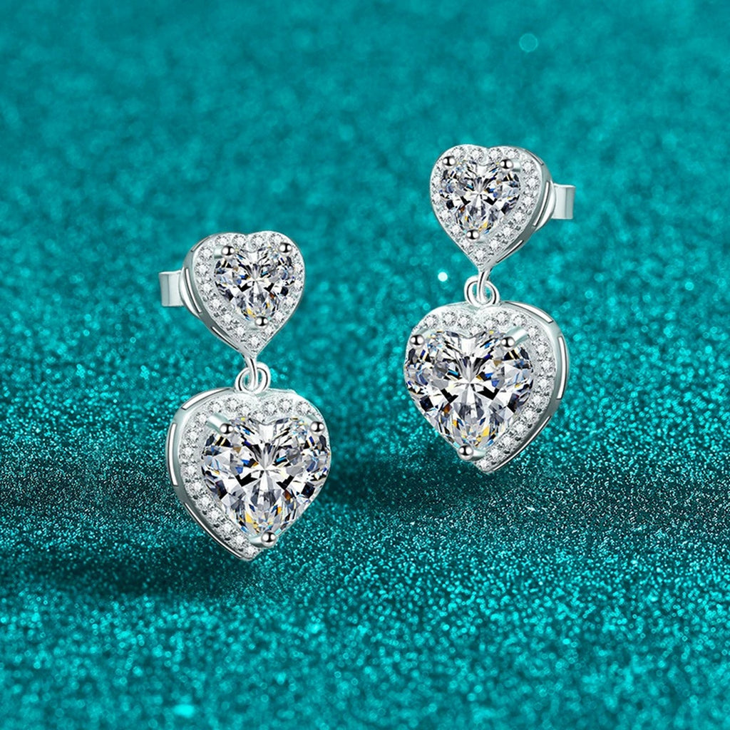 Double Heart Moissanite Stud Dangle Earrings with CZ in Rhodium-Plated S925 sterling silver product scene view showing angled setting detail