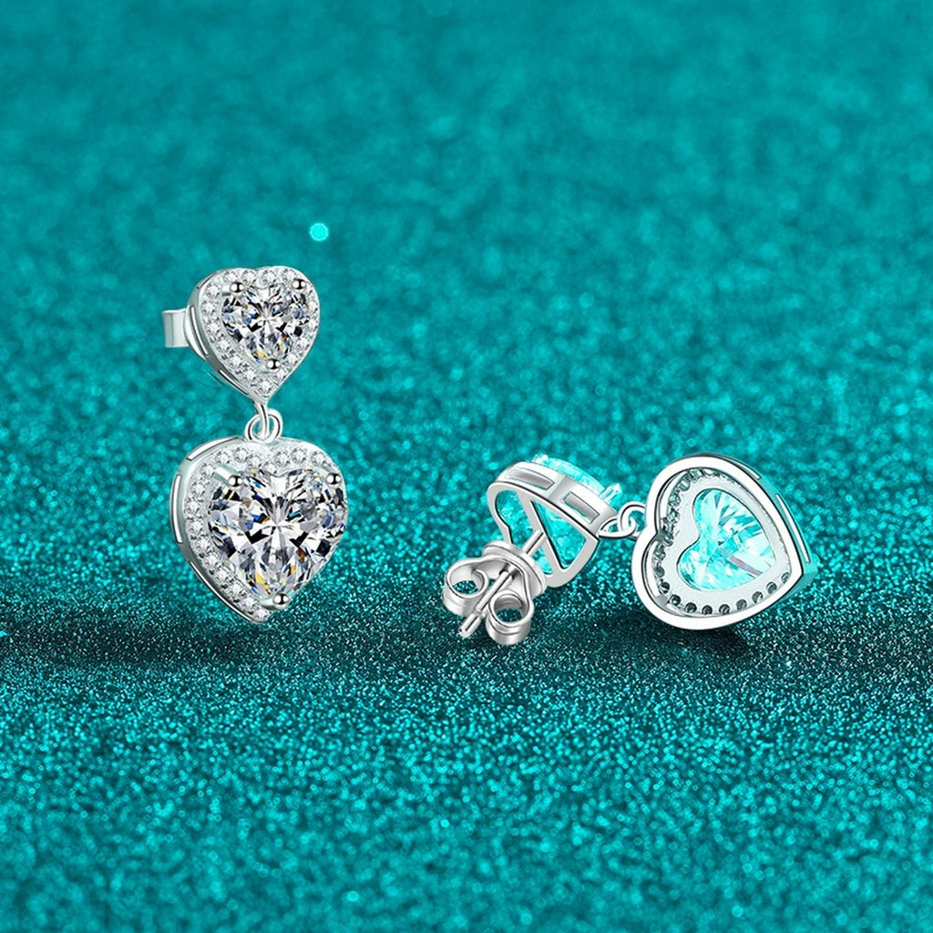 Double Heart Moissanite Stud Dangle Earrings with CZ in Rhodium-Plated S925 sterling silver product scene view showing side profile