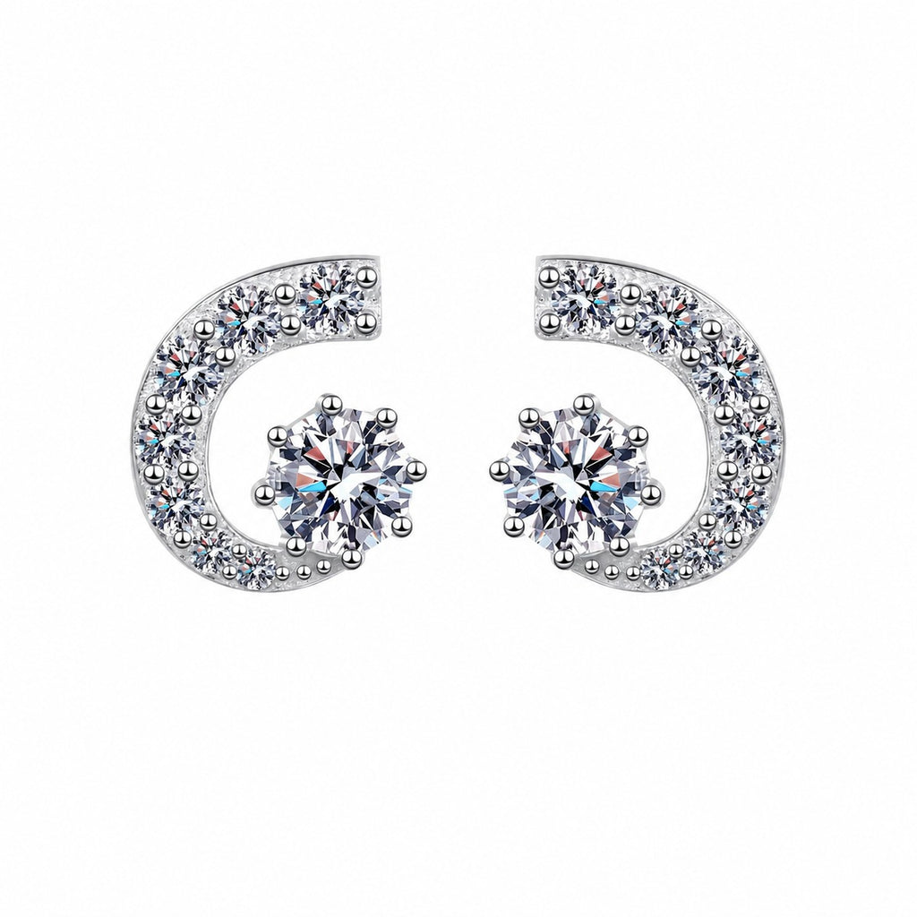 Round Moissanite Stud Earrings with CZ in Rhodium-Plated S925 sterling silver white background product photo showing the pair, stone shape, and stud earrings silhouette