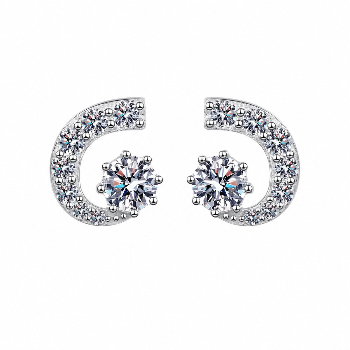 Round Moissanite Stud Earrings with CZ in Rhodium-Plated S925 sterling silver white background product photo showing the pair, stone shape, and stud earrings silhouette