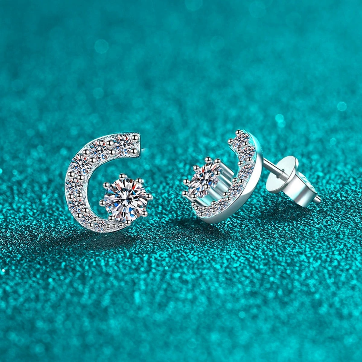 Round Moissanite Stud Earrings with CZ in Rhodium-Plated S925 sterling silver product scene view showing front sparkle