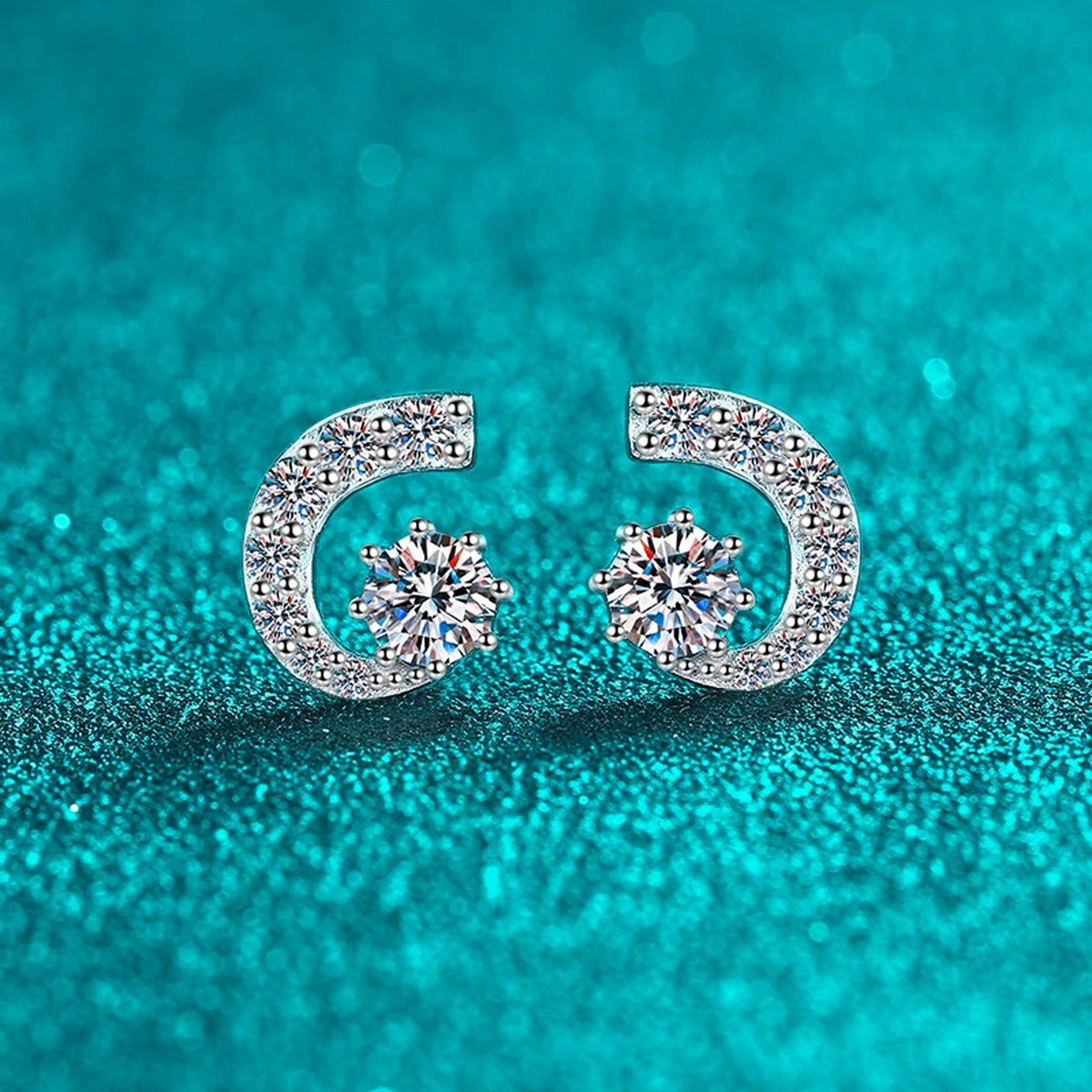 Round Moissanite Stud Earrings with CZ in Rhodium-Plated S925 sterling silver product scene view showing angled setting detail