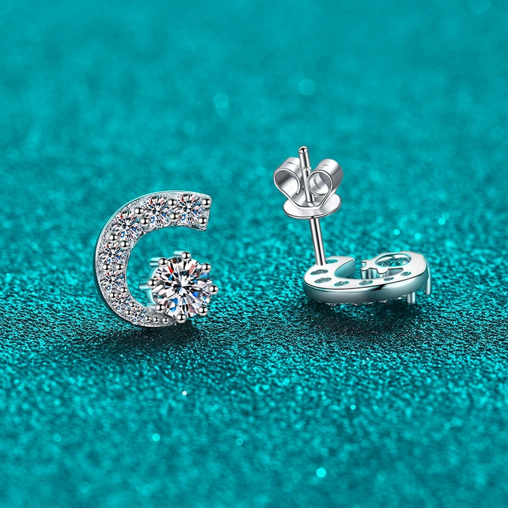 Round Moissanite Stud Earrings with CZ in Rhodium-Plated S925 sterling silver product scene view showing side profile