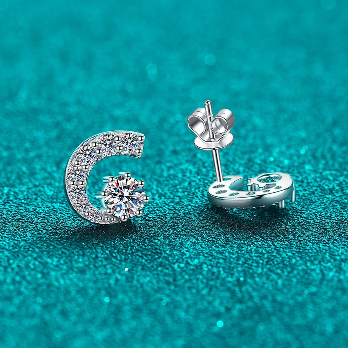 Round Moissanite Stud Earrings with CZ in Rhodium-Plated S925 sterling silver product scene view showing side profile