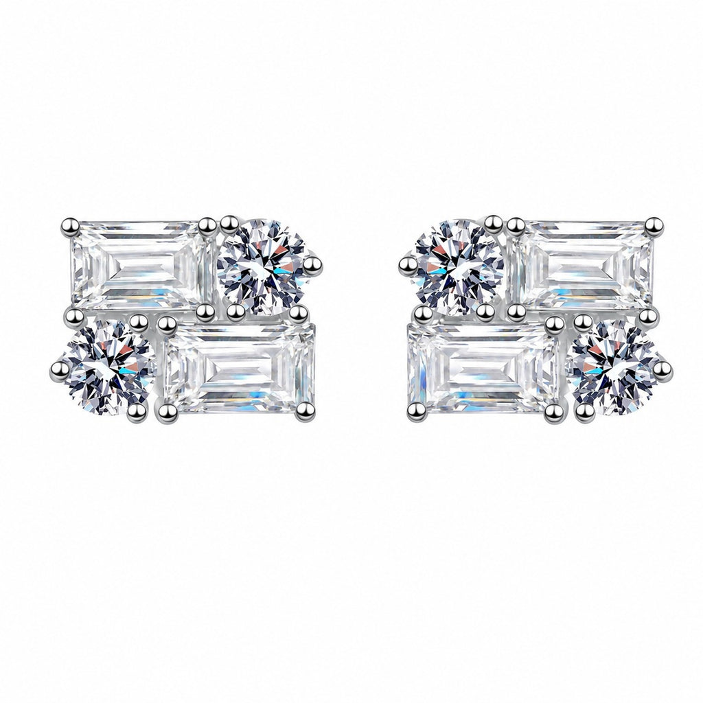 Emerald and Round Moissanite Stud Earrings in Rhodium-Plated S925 sterling silver white background product photo showing the pair, stone shape, and stud earrings silhouette