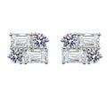Emerald and Round Moissanite Stud Earrings in Rhodium-Plated S925 sterling silver white background product photo showing the pair, stone shape, and stud earrings silhouette