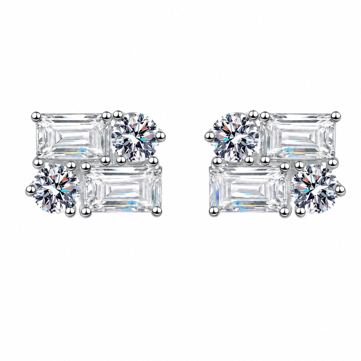 Emerald and Round Moissanite Stud Earrings in Rhodium-Plated S925 sterling silver white background product photo showing the pair, stone shape, and stud earrings silhouette