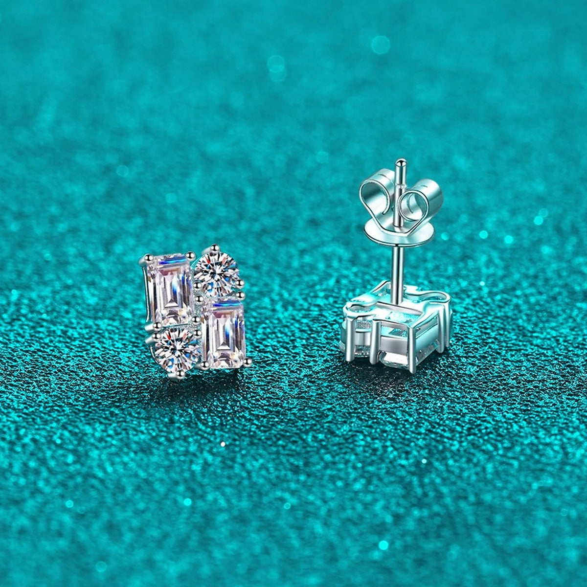 Emerald and Round Moissanite Stud Earrings in Rhodium-Plated S925 sterling silver product scene view showing front sparkle