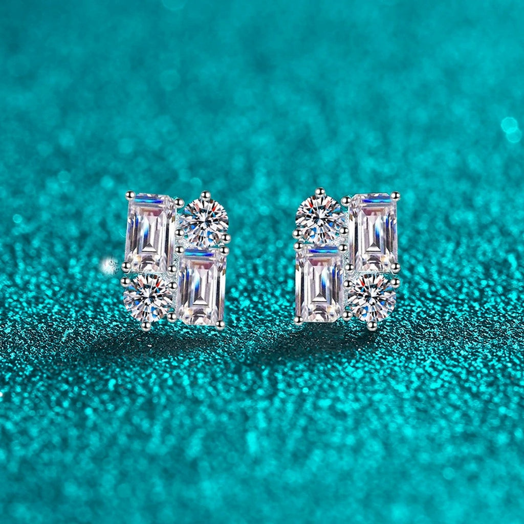 Emerald and Round Moissanite Stud Earrings in Rhodium-Plated S925 sterling silver product scene view showing side profile