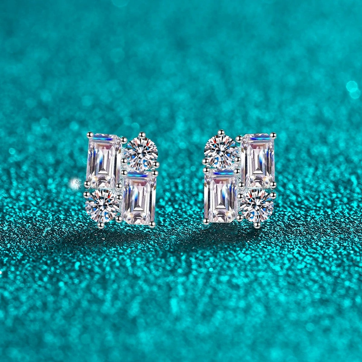 Emerald and Round Moissanite Stud Earrings in Rhodium-Plated S925 sterling silver product scene view showing side profile