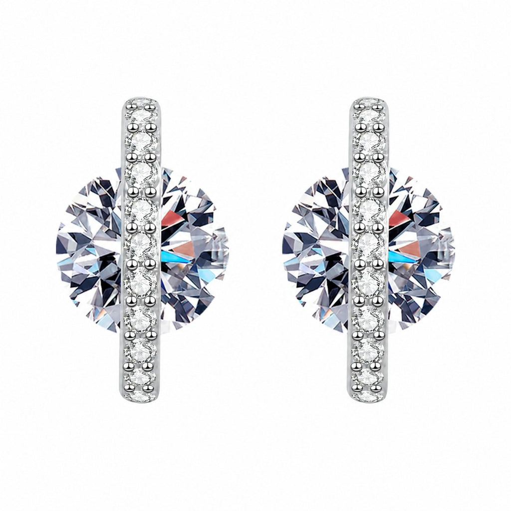 Round Moissanite Stud Earrings with CZ in Rhodium-Plated S925 sterling silver white background product photo showing the pair, stone shape, and stud earrings silhouette