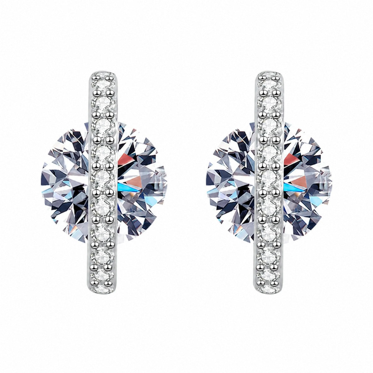 Round Moissanite Stud Earrings with CZ in Rhodium-Plated S925 sterling silver white background product photo showing the pair, stone shape, and stud earrings silhouette