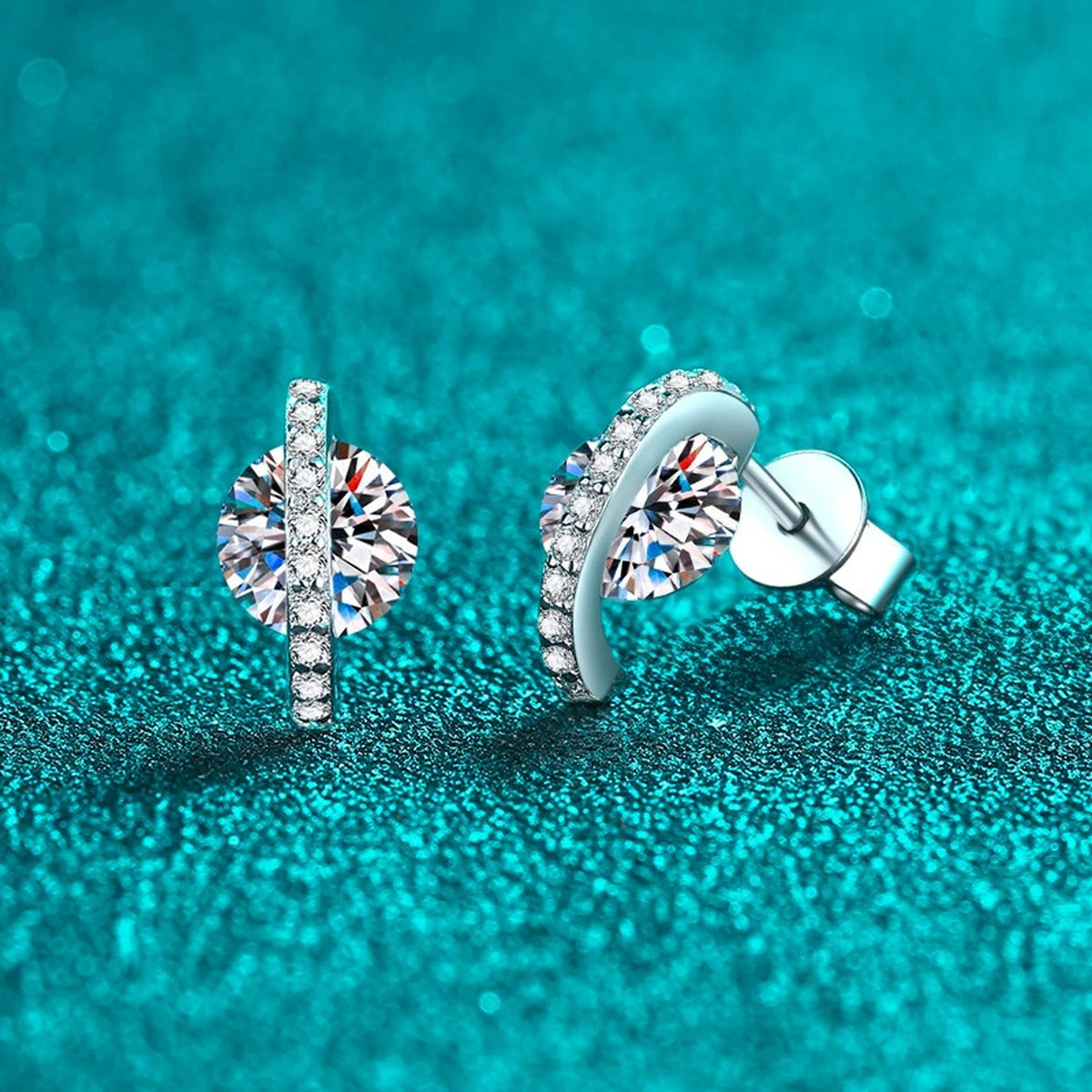 Round Moissanite Stud Earrings with CZ in Rhodium-Plated S925 sterling silver product scene view showing front sparkle