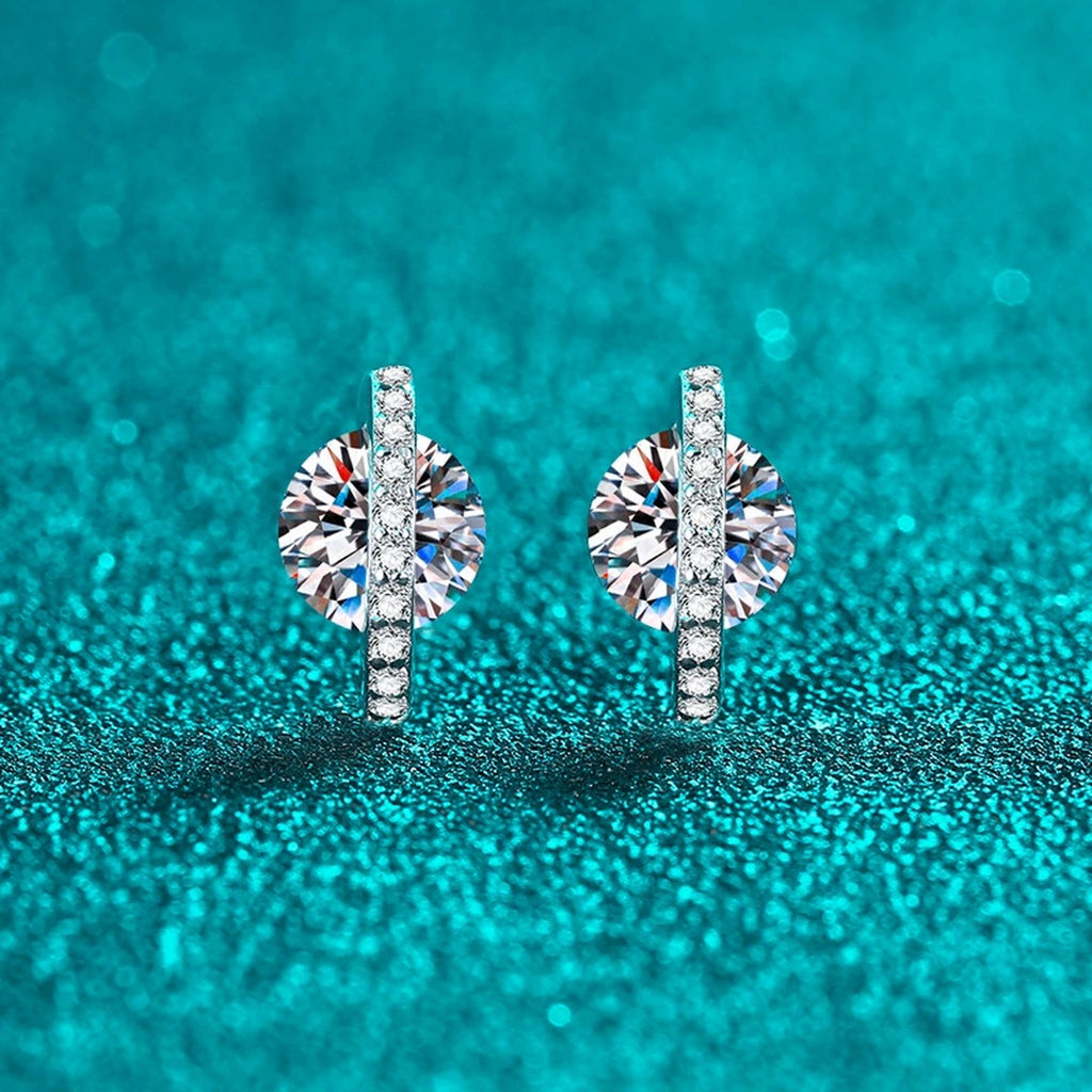 Round Moissanite Stud Earrings with CZ in Rhodium-Plated S925 sterling silver product scene view showing angled setting detail