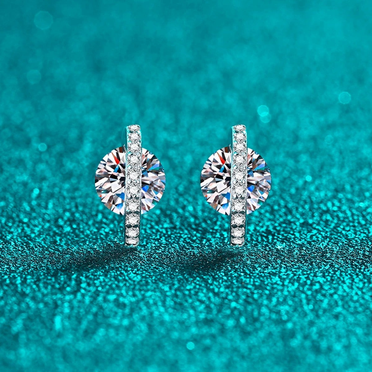Round Moissanite Stud Earrings with CZ in Rhodium-Plated S925 sterling silver product scene view showing angled setting detail