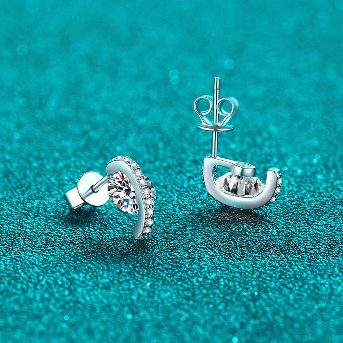 Round Moissanite Stud Earrings with CZ in Rhodium-Plated S925 sterling silver product scene view showing side profile