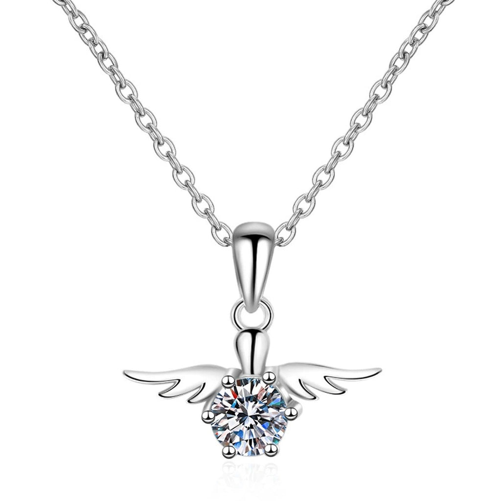 Angel Wing Moissanite Pendant Necklace in Rhodium-Plated S925 sterling silver on white background showing pendant shape and round moissanite