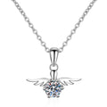 Angel Wing Moissanite Pendant Necklace in Rhodium-Plated S925 sterling silver on white background showing pendant shape and round moissanite