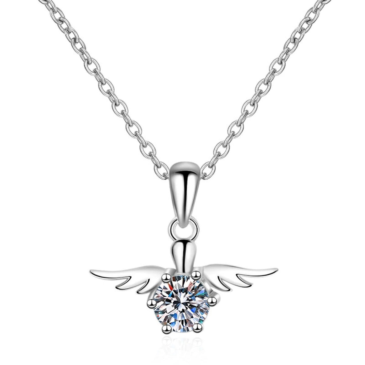 Angel Wing Moissanite Pendant Necklace in Rhodium-Plated S925 sterling silver on white background showing pendant shape and round moissanite