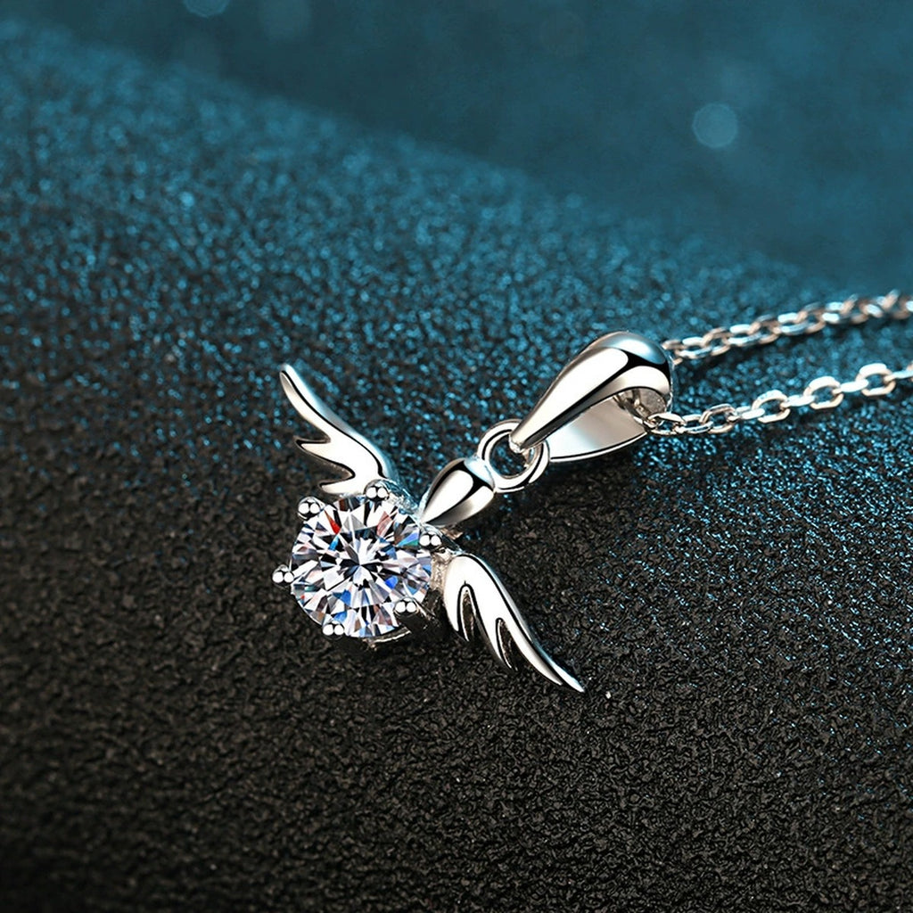 Angel Wing Moissanite Pendant Necklace in Rhodium-Plated S925 sterling silver product scene view showing chain and setting detail
