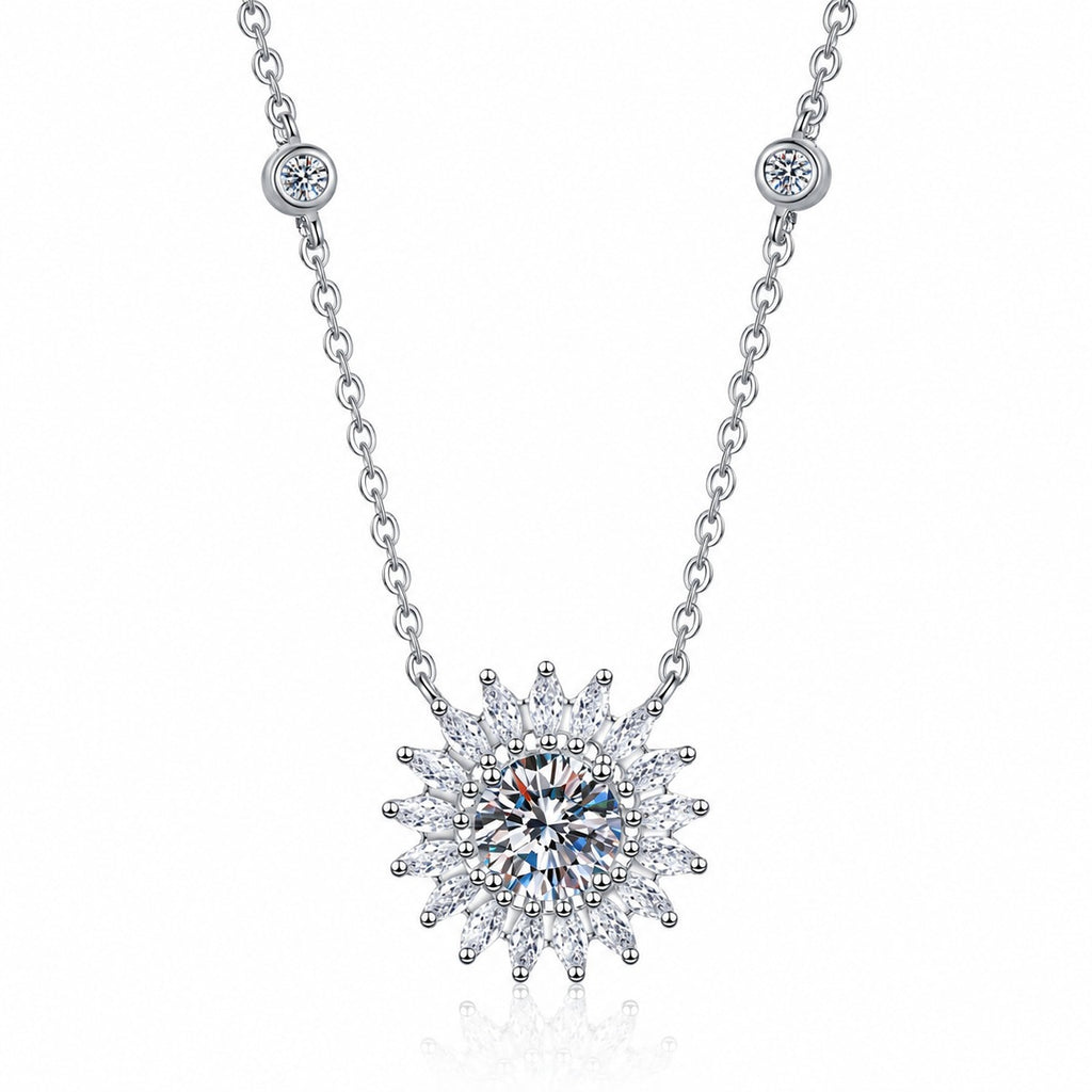 Sunburst Moissanite Pendant Necklace with CZ in Rhodium-Plated S925 sterling silver white background product photo showing sunburst pendant with a round moissanite center and fine CZ detail
