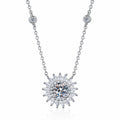 Sunburst Moissanite Pendant Necklace with CZ in Rhodium-Plated S925 sterling silver white background product photo showing sunburst pendant with a round moissanite center and fine CZ detail