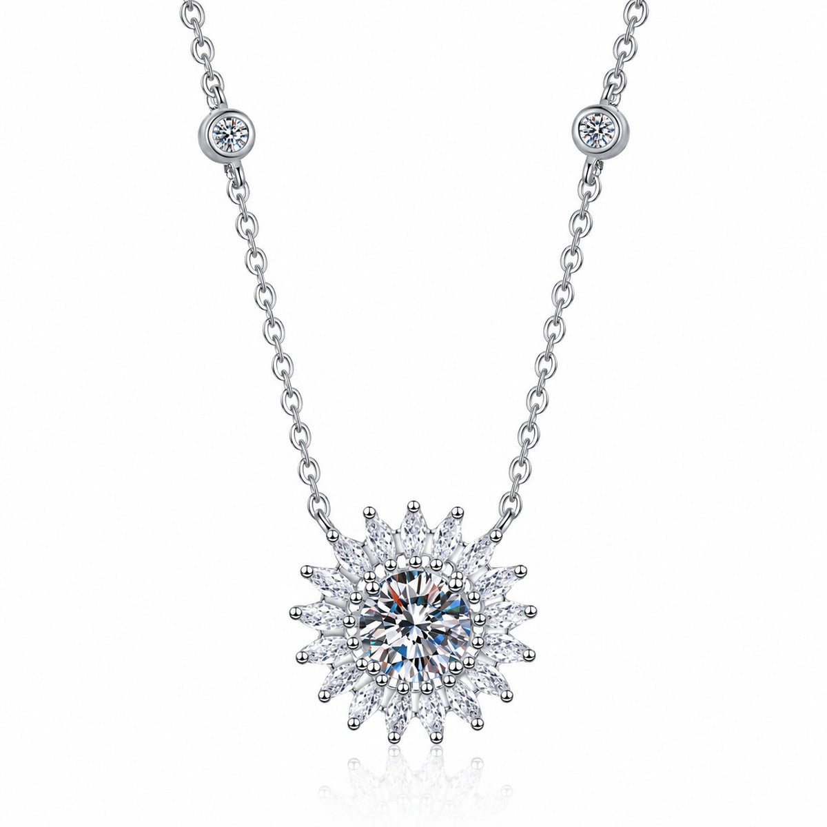 Sunburst Moissanite Pendant Necklace with CZ in Rhodium-Plated S925 sterling silver white background product photo showing sunburst pendant with a round moissanite center and fine CZ detail
