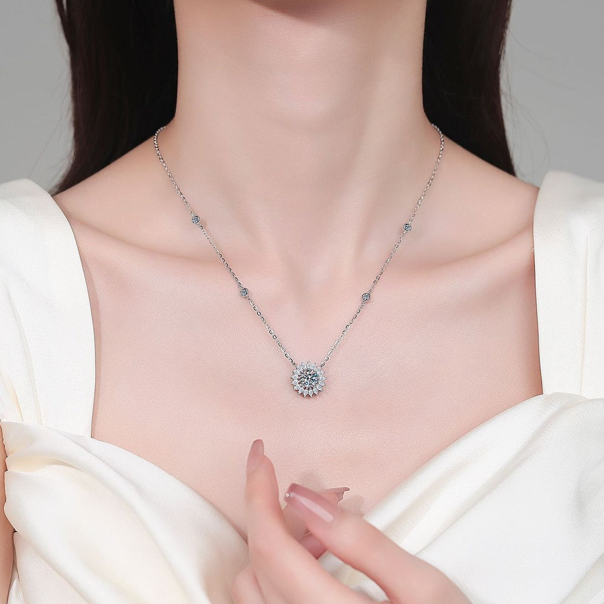 Sunburst Moissanite Pendant Necklace with CZ in Rhodium-Plated S925 sterling silver neckline model view showing pendant scale and adjustable chain