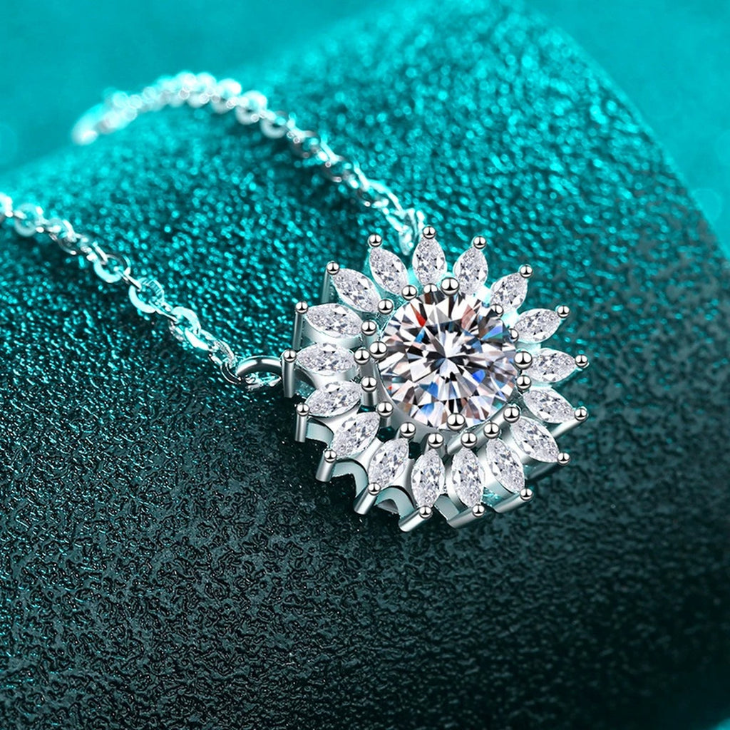 Sunburst Moissanite Pendant Necklace with CZ in Rhodium-Plated S925 sterling silver close-up product scene showing pendant setting
